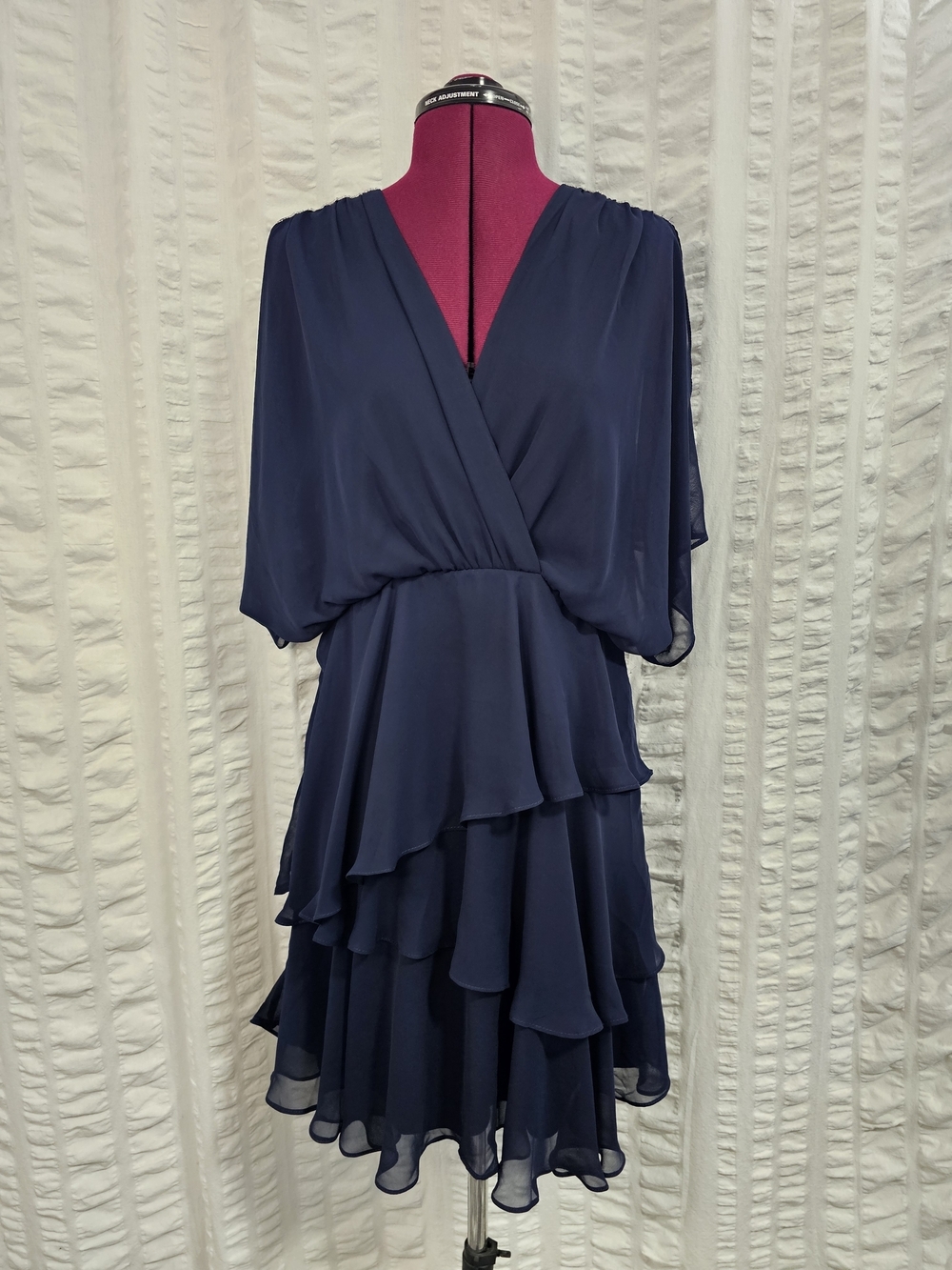 Sam &Jess Drape Loose Fit Layered Ruffled Navy Mini Dress Rhinestone Accents